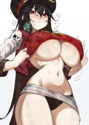 1girls anger_vein black_hair blush breasts curvy deko_morii fate/grand_order fate_(series) female female_only huge_breasts long_hair military_hat navel nipple_bulge no_bra oda_nobunaga_(fate) red_eyes simple_background solo sweat sweatdrop thick_thighs underboob white_background wide_hips