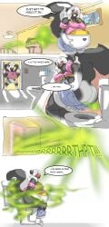 2015 absurd_res anthro ass barefoot bathroom belly belly_overhang belly_peeking_out big_belly big_butt big_tail biped black_body black_fur bloated blue_eyes blush bottomwear bottomwear_down clenched_teeth clothed clothing comic cracks denim denim_bottomwear denim_clothing denim_shorts desperation digital_drawing_(artwork) digital_media_(artwork) english_text fart fart_cloud fart_fetish feet female fur furniture_damage gassy gloves_(marking) green_fart_cloud hand_on_belly heart_(marking) hi_res holding_belly hyper hyper_fart implied_scat inside jessica_(coaster14) lazei leg_markings low-angle_view mammal markings mephitid motion_blur multicolored_body multicolored_fur narrowed_eyes navel obese obese_anthro obese_female one_eye_closed onomatopoeia open_mouth overweight overweight_anthro overweight_female partially_clothed pawpads pink_clothing pink_pawpads pink_shirt pink_topwear poop_desperation pulling_shorts_down raised_tail relieved running shirt shorts shorts_down sitting_on_toilet skunk socks_(marking) solo sound_effects speech_bubble standing struggling tail talking_to_self teeth text thick_thighs toilet toilet_use tongue tongue_out topwear two_tone_body two_tone_fur upset_stomach white_body white_fur wide_hips wilted_plant wilting_plants