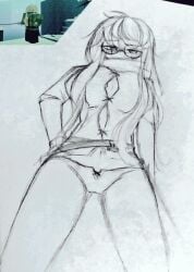 aria_lizin breasts deepwoken etrean_(deepwoken) glasses long_hair no_pants panties reference_image roblox roblox_game robloxian tagme thighs traditional_media_(artwork)