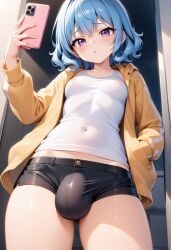 ai_generated blue_hair bulge bulge_through_clothing cellphone curly_hair futanari jacket káeli_xyovka_(character) kaybur_(series) la_coroneta_(series) minishorts nsfw penis penis_focus purple_eyes selfie shorts shy small_breasts small_tits t-shirt thick_thighs thighs tiny_breasts white_skin white_skinned_female