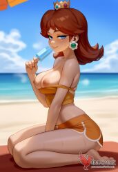 1girls 2d ai_generated bangs bare_shoulders barefoot beach bikini bikini_bottoms blue_eyes breasts brown_hair cleavage crown earrings erophoenix feet jewelry large_ass large_breasts long_hair looking_at_viewer mario_(series) nintendo nipples ocean outdoors pale_skinned_female patreon_username princess_daisy sitting smile solo strap_slip super_mario_bros. super_smash_bros. sweat toes uncensored v_arms