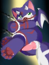 3:4 binder_(restraint) domestic_cat dragon_wings felid feline felis genitals green_eyes hi_res horn hybrid male mammal penis prison prisoner purple_body restraints shiningcanc solo wings