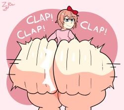 ass ass_bigger_than_head back_view big_ass blue_eyes bottom_heavy bottomless_female bow clapping_cheeks doki_doki_literature_club massive_ass sayori_(doki_doki_literature_club) shaking thick_thighs thunder_thighs twerking watermark