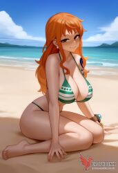 1girls 2d ai_generated areolae ass back bare_shoulders beach big_ass big_breasts bikini bikini_pull bikini_top blue_bikini blue_eyes day erophoenix female female_focus full_body jewelry long_hair looking_at_viewer nami_(one_piece) ocean one_piece orange_hair outdoors pale_skin pale_skinned_female patreon_username pointy_ears purple_hair shorts shounen_jump sitting sky smile solo swimsuit tan tan_lines thick thick_thighs uncensored