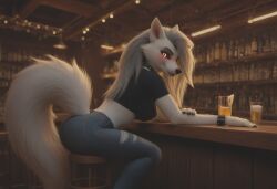 ai_generated anthro anthropomorphic ass_focus bar bar_stool beautiful beer big_breasts breasts female fluffy_tail fur furry furry_only helluva_boss in_heat looking_at_viewer loona_(helluva_boss) nightclub noticing red_eyes seductive seductive_look seductive_smile sexy sexy_body sexy_pose smiling_at_viewer voluptuous wolf wolf_girl