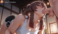 1boy 1girl1boy 1girls ai_generated all_fours cleavage codemistake dolphin dolphin_shorts fellatio female from_below from_side genshin_impact hu_tao_(genshin_impact) mihoyo oral patreon patreon_logo patreon_reward patreon_url penis small_breasts straight tank_top