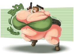 1girls ass belly breasts brown_hair cleavage colossal_breasts combat_boots fat female female_focus female_only green_eyes gun guns hips hyper hyper_breasts kimberlyn_(wilfordbrimley) large_ass large_breasts overweight overweight_female piffledoodle shorts stomach thick_thighs thighs weapon weapons weight_gain wide_hips zipper zipper_down zipper_pull_tab