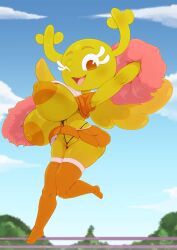 absurd_res antlers areola ass big_breasts bigdon1992 bottomwear breasts cartoon_network cheerleader cheerleader_outfit clothed clothing fairy female genitals hi_res horn huge_breasts humanoid legwear looking_at_viewer nipples not_furry one_eye_closed open_mouth orange_areola orange_eyes orange_nipples penny_fitzgerald pom_poms pussy raised_clothing raised_shirt raised_topwear shirt skirt solo the_amazing_world_of_gumball thigh_highs topwear wings yellow_body