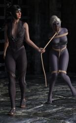 2girls 3d baldur's_gate_3 bondage bound dark-skinned_female dark_elf dark_elf_female dark_skin females_only gag gagged leash lezdom minthara rendereddefenseless shadowheart