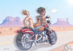 accidental_cumshot afro ass_cleavage bike butt_crack buttjob covered_buttjob cum_in_hair cutoffs dark-skinned_female dark_skin desert ejaculation erection fingerless_gloves large_breasts motorcycle motorcycle_buttjob pants_down pathetic_male small_penis sorenutz suprise_cumshot thigh_boots tongue_out unaware unaware_buttjob