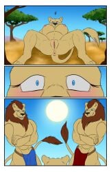 after_transformation anthro big_breasts blue_eyes blush border bottomwear breasts brown_body brown_fur brown_hair clothing confusion erection erection_under_clothing felid female fur gender_transformation genitals group hair imminent_sex lion loincloth lying male male/female mammal mane mtf_transformation nipples nude on_back pantherine presenting presenting_pussy pussy solo spirit_dancer spread_legs spreading sun tail transformation trio white_border