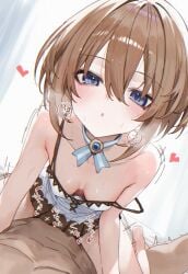 1boy ^^^ absurdres blanc blanc_(neptunia) blue_eyes blush breasts brown_hair clothed_female_nude_male cowgirl_position dress female hair_between_eyes heavy_breathing highres implied_sex looking_at_viewer male neptune_(series) neptunia_(series) nude open_mouth pov pov_eye_contact sex short_hair small_breasts sound_effects straddling straight strap_slip suujiniku sweat trembling white_dress