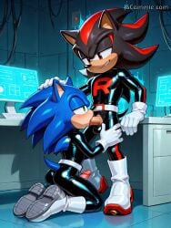 2boys ai_assisted ai_generated balls belt black_body black_clothing black_fur blue_body blue_fur boots cable crossover desk duo erection eulipotyphlan gay gloves green_eyes hedgehog holographic_screen jscammie kneeling laboratory latex latex_bodysuit latex_clothing latex_skinsuit mammal penis penis_in_mouth pokemon red_eyes shadow_the_hedgehog skinsuit sonic_(series) sonic_the_hedgehog sonic_the_hedgehog_(series) team_rocket team_rocket_uniform white_belt white_boots white_gloves