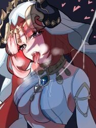 alternate_breast_size black_horns blue_brooch blush breasts breath brooch commentary_request dang0r0moti dark_background detached_sleeves fake_horns female genshin_impact harem_outfit head_tilt heart highres horns jewelry large_breasts long_hair looking_at_viewer low_twintails neck_ribbon nilou_(genshin_impact) purple_eyes red_hair ribbon saliva saliva_trail sexually_suggestive solo teeth tongue tongue_out twintails underboob upper_body upper_teeth_only veil white_sleeves white_veil
