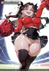 ai_generated alternate_breast_size asmutcriminal bangs black_hair black_legwear black_skirt blue_eyes blush breasts cheerleader female hair_ribbon holding long_hair looking_at_viewer no_panties open_mouth pom_pom_(cheerleading) ribbon skirt smile solo sweat tagme thighhighs thighs tohsaka_rin two_side_up