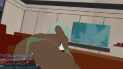 1boy 1girls 3d 3d_animation animated bedroom big_ass bubble_butt cum_inside dark-skinned_female dark-skinned_male dark_skin emerald_sustrai green_hair long_penis looking_at_partner looking_pleasured marcovee4 moaning panties_aside partially_clothed plap_(sound) red_eyes reverse_cowgirl_position riding riding_penis rwby sitting_on_lap sound squirting still_erect tagme tv_screen vaginal_penetration video weapon wink