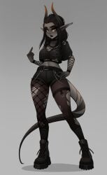 1girls black_hair black_lips black_shorts boots choker combat_boots crop_top cutoffs demon_girl denim_shorts female fishnet_legwear fishnet_sleeves fishnet_top fishnets full_body genderswap_(mtf) goth goth_girl grey_background grey_skin hotpants long_pointy_ears medium_breasts middle_finger midriff narrow_waist navel orange_eyes pointy_ears rule_63 single_thighhigh solo tail the_invitation_(comic) thick_eyebrows torn_pantyhose variant_set william_loving_iii_(incase) zackargunov