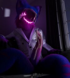 animal_genitalia animal_penis anthro blender_(artwork) blender_cycles blue_body blue_fur bodily_fluids clothed clothing cum cum_drip cum_dripping_from_penis cum_on_own_penis cum_on_penis cum_on_self cum_on_sofa dark_room digital_media_(artwork) dripping ejaculation erection fur fur_markings furniture genital_fluids genitals hi_res light living_room machine male male_focus male_only markings moonlight night nude on_sofa penis protogen protogen_visor purple_body purple_fur sitting smile sofa solo suit tanza3d tanza_(tanza3d) tapering_penis topwear tuft white_clothing white_suit