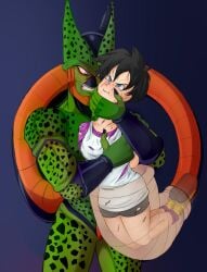 1boy 1girls absorption absorption_vore black_hair blue_eyes breast_grab breasts cell_(dragon_ball) dragon_ball dragon_ball_z female female_prey kenichillustrated male short_hair tail_vore videl vore x-ray