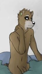 bed bedding blanket brown_body brown_fur ear_piercing fur furniture gauged_ear genitals green_piercing grey_body grey_fur hair hand_on_neck male mammal messy_hair navel nipples nude on_bed p_rindustries penis piercing pillow procyonid raccoon simple_background sitting solo