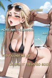 1boy ahe_gao ai_generated anal ass bangs bare_shoulders beach bikini black_bikini black_swimsuit blonde_hair blue_sky blush breasts clavicle cleavage clothing clothing_aside cloud collarbone completely_nude cum dark-skinned_male dark_skin day doggy_style ejaculation english_language english_text eyelashes eyewear eyewear_on_head female grabbing_another's_hair green_eyes interracial jewelry large_breasts light-skinned_female lips lipstick long_hair makeup male manga manhwa medium_breasts navel nipples nude ocean open_mouth outdoors palm_tree penis pornhwa red_lips rolling_eyes saliva sand semen sex sex_from_behind shelly shelly_scott shiny_skin sky solo_focus standing straight sunglasses sunglasses_on_head sweat swimsuit taken_from_behind teeth text thighs tongue tongue_out water webtoon wet windbreaker