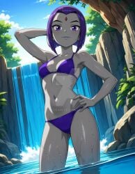 2025 ai_generated belly cartoon_network deviantart elryusam forehead_jewel forest grey_body grey_skin jewel_on_forehead meta not_porn purple_bikini purple_eyes purple_hair raven_(dc) raven_(teen_titans) teen_titans tummy waterfall wet_bikini wet_body wet_skin