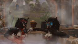 16:9 3d_(artwork) absurd_res anthro blizzard_entertainment blush breasts canid canine clothing death_knight digital_media_(artwork) duo female female/female glowing glowing_eyes hi_res mammal mythological_canine mythological_creature mythology scar scars_all_over su_(wicust) teasing undead warcraft wardrobe_malfunction werecanid werecanine werecreature werewolf wicust widescreen worgen