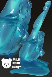 anthro bear black_background blue_body breasts female genitals glistening glistening_body goo_creature green_background hand_on_leg hi_res jellie_(milkbearbunny) looking_at_viewer mammal milkbearbunny nude nude_anthro nude_female presenting presenting_pussy pussy raised_leg simple_background solo translucent translucent_body