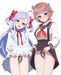 2girls absurdres bandaid blue_eyes blush bow brown_hair chastity chastity_belt chastity_device clothes_lift commission dress female_chastity femsub highres lifting_own_clothes long_hair long_sleeves looking_at_viewer multiple_girls niizuma_yae no_panties object_insertion open_mouth pubic_hair purple_eyes red_bow red_eyes red_ribbon ribbon sasuga_chisa school_uniform sex_toy shirt_lift short_hair skeb_commission skirt skirt_lift sweat two_side_up umi!_(umidigda_kawaii) wet_pussy white_background world_dai_star