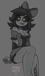 black_hair black_sclera cleavage cyn_(murder_drones) cyntessa_(murder_drones) dress female female_focus female_only glitch_productions looking_at_viewer medium_breasts mikansfw murder_drones nightmare_waifu robot robot_girl robot_humanoid sitting smiling_at_viewer solo solo_female stitches tessa_elliot thick_thighs twintails twintails_(hairstyle) watermark x-shaped_pupils yellow_eyes zombie
