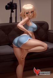 1girls 2d ai_generated ass bangs bare_shoulders barefoot big_ass big_breasts blonde_hair blue_eyes blunt_bangs breasts couch disney_xd earrings erophoenix feet female female_focus full_body huge_breasts jackie_lynn_thomas jewelry looking_at_viewer midriff navel nude pale_skinned_female patreon_username short_hair shorts smile solo solo_female star_vs_the_forces_of_evil thick thick_thighs