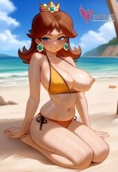 1girls 2d ai_generated bangs bare_shoulders barefoot beach bikini bikini_bottoms blue_eyes breasts brown_hair cleavage crown earrings erophoenix feet jewelry large_ass large_breasts long_hair looking_at_viewer mario_(series) nintendo nipples ocean outdoors pale_skinned_female patreon_username princess_daisy sitting smile solo strap_slip super_mario_bros. super_smash_bros. sweat toes uncensored v_arms