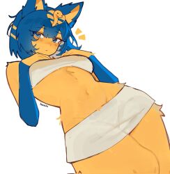 animal_crossing ankha ankha_(animal_crossing) anthro armwear bandeau belly_button blue_eyes blue_hair breasts cat cat_ears egyptian eyeliner female female_only hands_on_breasts hourglass_figure looking_at_viewer luuxies miniskirt sfw short_hair simple_background tagme tubetop viewed_from_below white_background yellow_fur