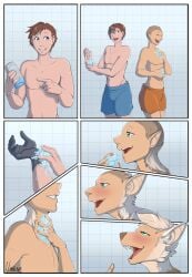 anthro bald bathing brown_hair canid canine clothing comic dexter_(disambiguation) duo fangs fish fur fur_growth gender_transformation growth hair hi_res human humanoid humanoid_pointy_ears hybrid male male/male mammal marine mostly_nude narusewolf pickit pointy_ears shark shower showering snout snout_growth soap soap_bubbles swimwear teeth transformation transformation_sequence
