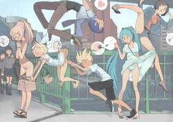 2boys 4girls akimbo_(artist) aqua_eyes aqua_hair assisted_exposure blonde_hair clothed color female fingering glasses group hatsune_miku heart kagamine_len kagamine_rin kaito_(vocaloid) kancho legs luka_megurine male meiko multiple_girls panties pantsing panty_pull pantyshot school_uniform short_hair skirt skirt_lift skirt_pull speech_bubble spoken_heart squiggle striped striped_panties surprise_fingering surprised tied_hair twintails underwear vocaloid