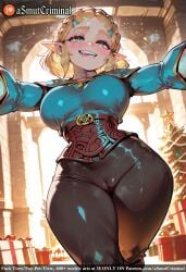 ai_generated asmutcriminal ass blonde_hair blush bookshelf box braid breasts brick_wall christmas christmas_tree crown_braid female fireplace foreshortening gift gift_box green_eyes hair_ornament holding_gift incoming_gift large_breasts library looking_at_viewer naughty_face outstretched_arm outstretched_arms pointy_ears princess_zelda selfie short_hair smile solo tagme thick_eyebrows thick_thighs thighs valentine