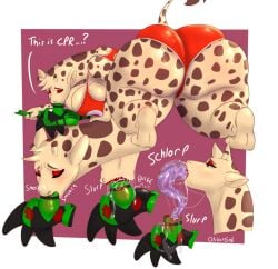 anthro ass bent_over big_breasts big_butt big_dom_small_sub bodily_fluids breast_smother breast_squish breasts cameron_(skunkdude13) cheek_bulge clothing deep_tongue dominant dominant_female dripping duo extreme_french_kiss female french_kissing giraffe giraffe_tongue giraffid hi_res holding_another huge_breasts huge_butt kassidy_(olibur) kiss_mark kissing kneeling larger_female lifeguard lipstick lizard long_tongue makeup male male/female mammal neck_bulge oliburgob one-piece_swimsuit onomatopoeia oral oral_penetration penetration purple_tongue rear_view reptile saliva saliva_drip saliva_on_face saliva_on_tongue saliva_string scalie size_difference smaller_male smothering sound_effects squish swimwear text thick_thighs tongue tongue_out