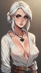 ai_generated big_breasts breasts cd_projekt_red ciri clothing effernetti female green_eyes light-skinned_female mascara necklace nipples_visible_through_clothing scar solo solo_female the_witcher_(series) the_witcher_3:_wild_hunt transparent_clothing white_hair