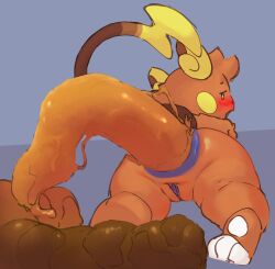 alolan_form alolan_raichu anthro anus ass blue_anus blue_pussy blush brown_body brown_fur excessive_feces feces feces_on_ground feces_pile female fur generation_7_pokemon genitals head_tuft hi_res hyper hyper_feces hyper_feces_pile looking_at_viewer looking_back looking_back_at_viewer lying narrowed_eyes nintendo nude nude_anthro on_front open_mouth orange_body orange_fur pawpads pokemon pokemon_(species) pooping_on_floor pussy raised_tail regional_form_(pokemon) scat scatplay solo tail tiosqr trans_(lore) trans_man_(lore) tuft white_pawpads yellow_body yellow_cheeks yellow_fur
