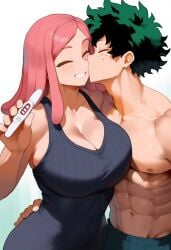 ai_generated big_breasts boku_no_hero_academia closed_eyes closed_eyes_smile hair_down happy happy_female hatsume_mei holding_hips holding_pregnancy_test izuku_midoriya kissing kissing_cheek large_breasts loving loving_couple lucky_bastard mei_hatsume midoriya_izuku milf my_hero_academia new_milf novelai nullificater positive_pregnancy_test pregnancy_test pregnant shirtless_male smile smiling tight_clothing tight_dress toned_male