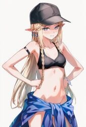 ai_generated black_cap cartethyia_(wuthering_waves) elf_ears elf_female embarrassed_female hands_on_hips raaicave sports_bra sportswear white_background wuthering_waves