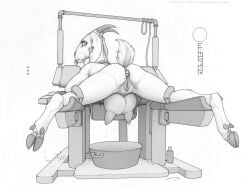 anthro ass bodily_fluids bovid breast_milking buttplug caprine contraption_concept ear_piercing ear_tag ecmajor female genitals goat hooves lactating mammal milk monochrome nanny_goat piercing plug plug_(sex_toy) pussy sex_toy solo spread_legs spreading teats udders