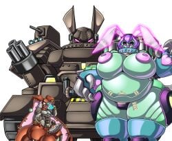 2025 adjatha ambiguous_gender anthro armor balls big_balls big_breasts big_ears black_sclera bottomless bottomless_anthro breasts brown_body cannon claws clothed clothing collar cybernetic_penis cybernetics cyborg ear_piercing ear_ring eye_patch eyewear female genitals group hair hi_res huge_balls huge_breasts lagomorph larger_female leporid long_ears looking_at_viewer machine male mammal multicolored_body overweight overweight_anthro overweight_female penis piercing pink_body pink_eyes purple_hair rabbit ranged_weapon raoh_(tits) raskvel ring_piercing robot simple_background size_difference smaller_anthro smaller_male standing story story_in_description studded_collar studs tank_(vehicle) teal_body thick_thighs trials_in_tainted_space trio two_tone_body vehicle weapon white_background white_hair wide_hips