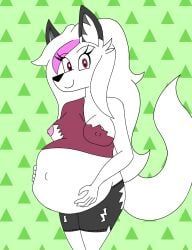 1girls 5_fingers anthro belly belly_expansion belly_squish big_belly big_tail black_tipped_ears breasts canid canine canis clothing evey_(shadow4one) expansion eyelashes female fur furry hair hands_on_belly hi_res long_hair long_snout mammal midriff navel nipple_slip nipples no_bra outie_navel partial_nudity pink_highlights pregnant pregnant_anthro pregnant_female red_eyes seasidelemons smile smiling_at_viewer snout solo squish tail thick_thighs torn_clothing white_body white_fur white_hair wolf wolf_girl