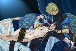 eating flynn_scifo food lap_pillow long_hair male multiple_males nude pattern print tagme tales_of_(series) tales_of_vesperia yaoi yuri_lowell