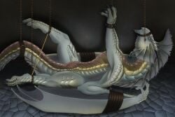 16:9 absurd_res anus arms_tied ass blue_eyes bodily_fluids bondage bondage bound claws detailed_background digital_drawing_(artwork) digital_media_(artwork) digitigrade dragon dragon_(dnd) dungeons_and_dragons european_mythology female feral frill_(disambiguation) genital_fluids genitals glowing glowing_eyes grey_body grey_scales hands_tied hasbro hi_res horn legs_tied lying membrane_(anatomy) membranous_wings mythological_creature mythological_scalie mythology nude on_back presenting presenting_pussy pussy scales scalie silver_body silver_dragon silver_dragon_(dnd) skyebold solo tail thick_thighs vaginal_fluids western_dragon widescreen wings wings_tied wizards_of_the_coast