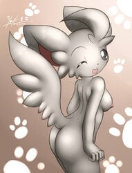 anthro ass breasts furry minccino mn_xenx nintendo nipples nude pokemon pokemon_(species) silver_eyes tail wink