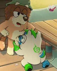 age_diffrence anthro balls bear bluey_(series) bodily_fluids canid canine canis cattledog cum cum_in_mouth cum_inside docks domestic_dog duo ejaculation exhibitionism fellatio genital_fluids genitals grandfather_(lore) grandparent_(lore) herding_dog hi_res holding_balls koda_bakari male male/male mammal mature_anthro mort_heeler oral outside pastoral_dog penile pikchan_13 public sex