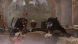 16:9 3d_(artwork) absurd_res anthro blizzard_entertainment blush breasts canid clothing death_knight digital_media_(artwork) duo female female/female glowing glowing_eyes hi_res hot_spring mammal su_(wicust) undead warcraft wardrobe_malfunction water werecanid werecreature wicust widescreen worgen