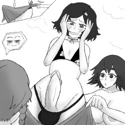 1boy 2girls 2girls1boy amane_suzuha big_breasts crossdressing embarassed femboy shiina_mayuri smug steins;gate taking_clothes_off urushibara_ruka v0idreef